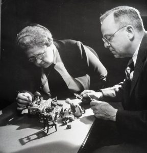 Frances Glessner Lee and Alan R. Moritz working with furnishings for the Nutshell Studies, 1948. Records of the Department of Legal Medicine, Harvard Medical Library