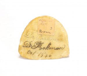 Photograph of the underside of a dental plaster cast. "Dr. Parkman" is carved into the cast and "Oct 1846" is written on it.