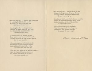 Scan of two pages that display the poem, "To The Eleven Ladies" by Oliver Wendell Holmes. Holmes' signature is underneath the printed poem.